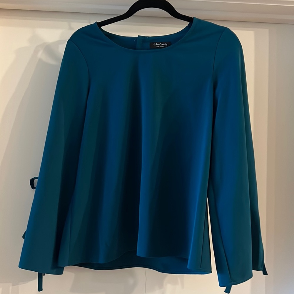 Teal blouse with tie sleeves and back buttons